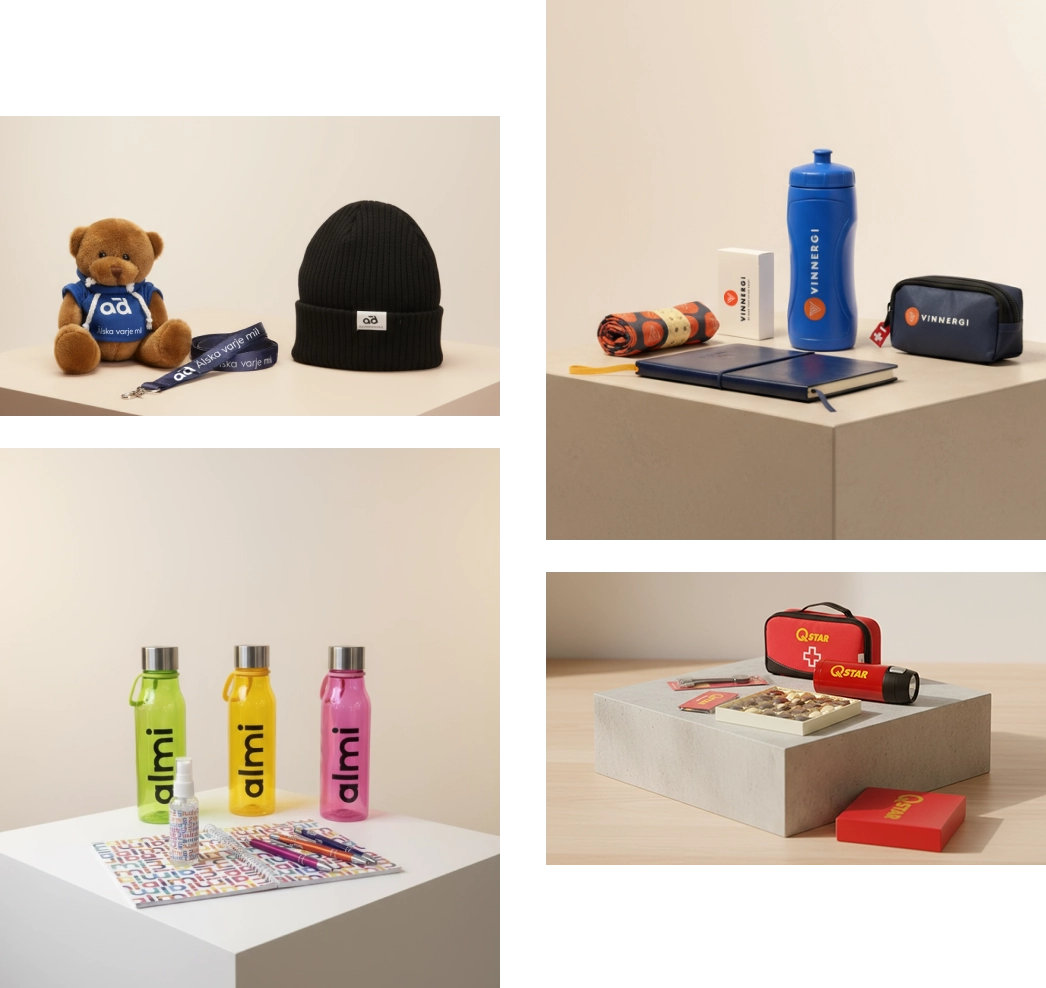 En kollage av företagsrelaterade reklammaterial, inklusive märkesvattenflaskor, kläder (mössa), leksaker (nallbjörn), kontorsmaterial och säkerhetsutrustning (första hjälpen-kit).