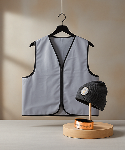 En grå reflexväst på galge bredvid en mörk mössa och ett orange reflexband på ett podium.